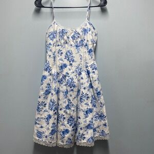 Aeropostale Blue White Floral Lace Trim Cottagecore Mini Dress Small tea party